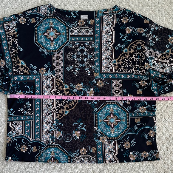 Chico's Medallion Floral Flutter Sleeve Top/Blouse Black/Teal XXL/Chico's Size 4 - Picture 11 of 11